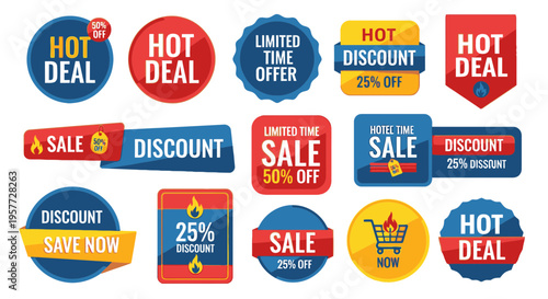 Collection of sale discount stickers.