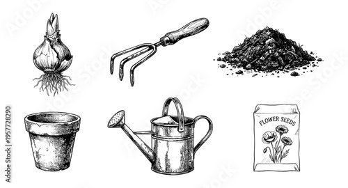 Gardening essentials including a bulb, rake, soil, pot, watering can, and seed packet