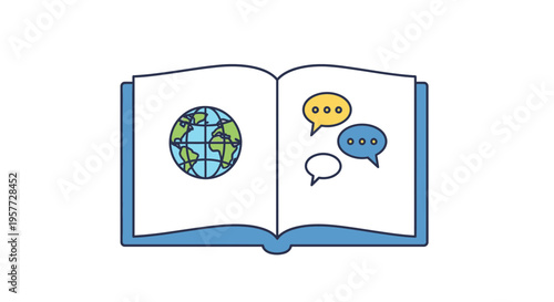 Open book with globe and chat bubbles.
