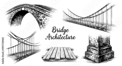 Collection of hand-drawn bridge designs and architectural elements in sketch style