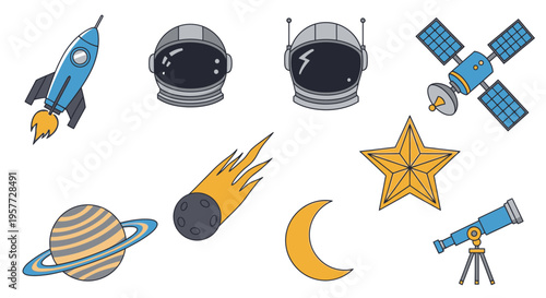 Space objects and astronomy equipment icons.
