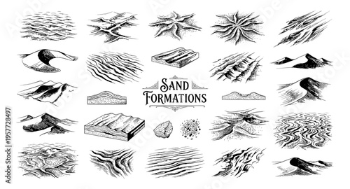 Collection of diverse desert sand formations and geological structures in black and white
