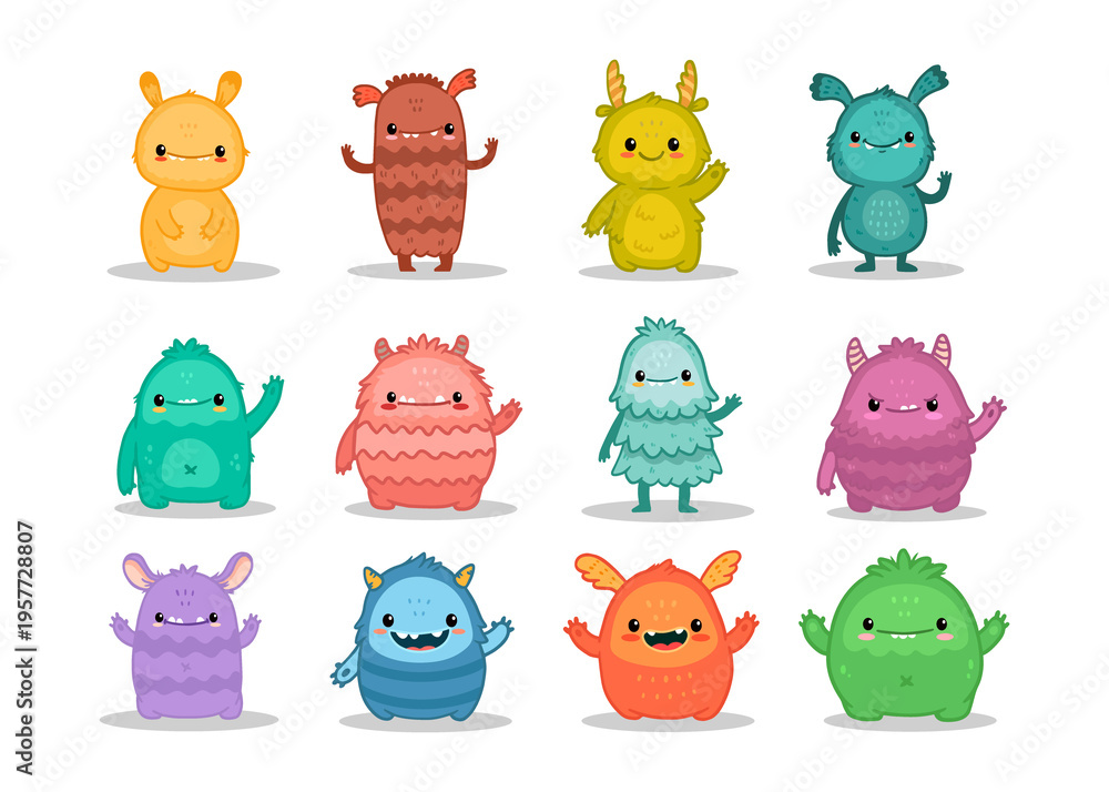 Naklejka premium big set of cartoon monsters. Cute flat monsters collection. Kids funny characters design for posters, cards, design t-shirt