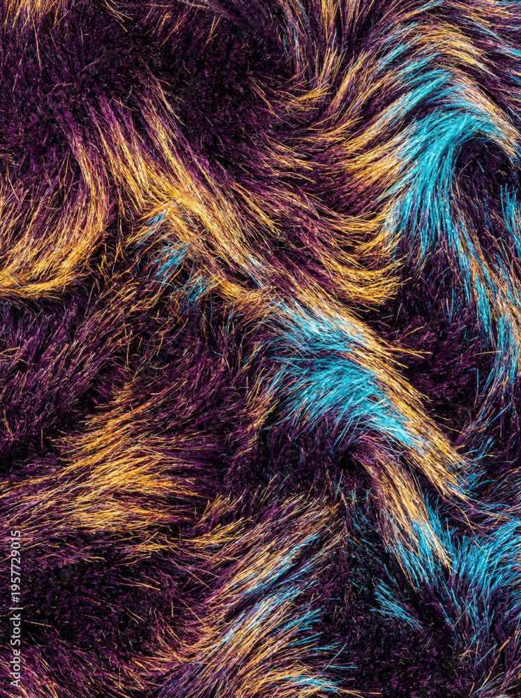Obraz premium Vibrant multicolored faux fur texture with purple, blue, and yellow hues in abstract pattern design for textiles and fashion backgrounds