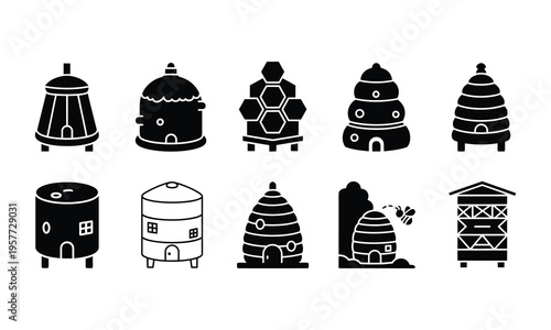 Beehive Honey Farm Icon Set Beekeeping Apiary Hive Collection Silhouette Vector Illustration