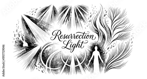 Divine resurrection light illuminates a silhouette figure with radiating energy