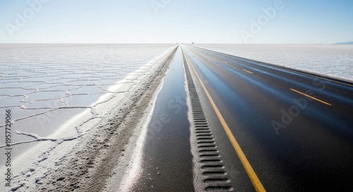 Endless Asphalt Highway Stretching Across a Vast Salt Flat Under a Clear Sky