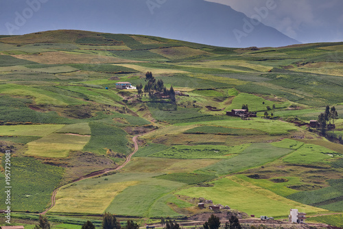 Rolling emerald agricultural fields stretch across the sacred highlands of Moray-Maras near Cusco, Peru, where ancient Inca farming terraces blend seamlessly into a patchwork of cultivated hillsides 