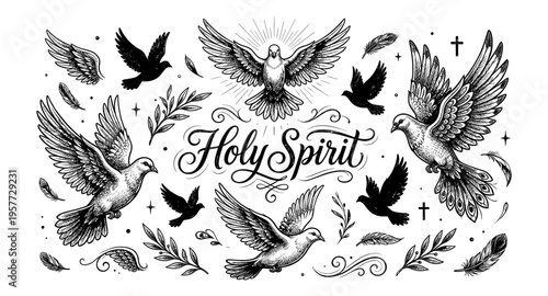 Elegant Holy Spirit doves and feathers illustration with calligraphy