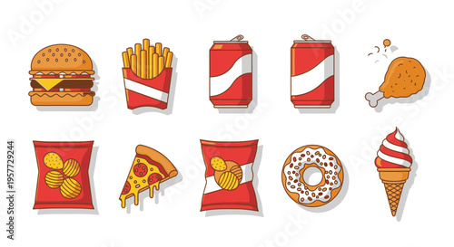 Colorful fast food icons on white.