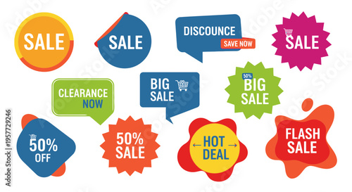 Colorful sale discount stickers set.