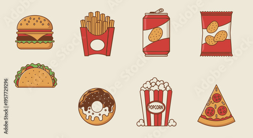 Fast food icons on beige background.
