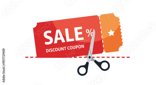 Scissors cutting discount coupon voucher.