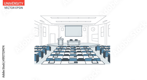 University lecture hall with rows of desks.
