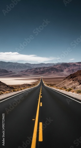 Endless Desert Highway Stretch Towards Majestic Mountain Horizon