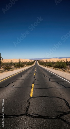 Endless Desert Highway Stretching Towards Distant Horizon Under Vast Blue Sky