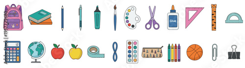 Large collection of school supplies and education stationery icons including backpack books globe calculator and art tools isolated on white for back to school professional design projects