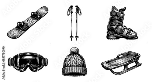 Collection of winter sports equipment and apparel for outdoor activities