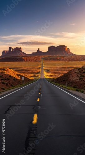 Endless Road Journey Through Majestic Desert Landscapes At Sunset