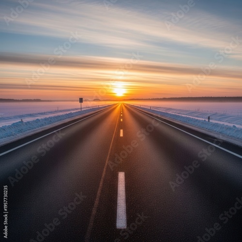 Endless Horizon Road Towards A Majestic Winter Sunset Journey