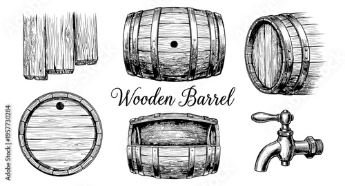 Collection of vintage wooden barrel illustrations and a metal tap