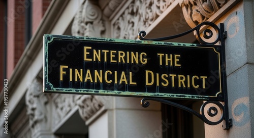 Entering The Financial District Sign Historic Building Exterior