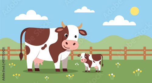 Brown and white cow standing.