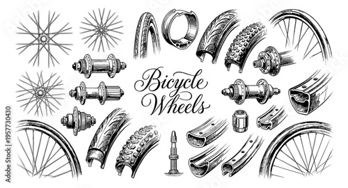 Detailed illustration of bicycle wheel components and parts in a vintage sketch style