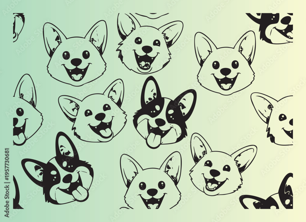 Obraz premium Cute cartoon corgi dog faces seamless pattern design