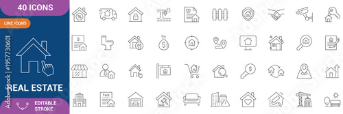 Real estate Properties icon set. Containing Urban architecture, building, skyscraper, residential, commercial, property, house, real estate, location, property management, and etc. Editable stroke.