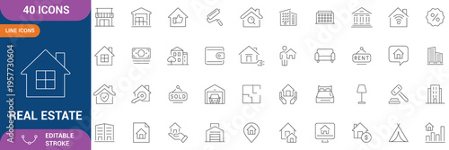 Real estate Properties icon set. Containing Urban architecture, building, skyscraper, residential, commercial, property, house, real estate, location, property management, and etc. Editable stroke.