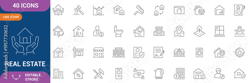 Real estate Properties icon set. Containing Urban architecture, building, skyscraper, residential, commercial, property, house, real estate, location, property management, and etc. Editable stroke.