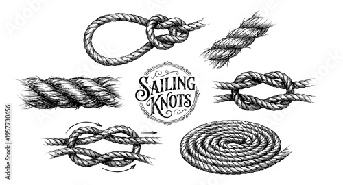 Collection of nautical and sailing knots illustrated in a vintage sketch style