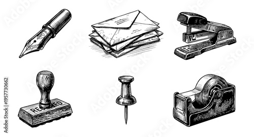 Vintage office supplies collection: pen, envelopes, stapler, stamp, pin, and tape dispenser