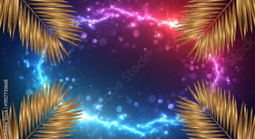 Artistic pop art tropical layout with golden palm leaves highlighted on a dynamic blue to red neon gradient background and copy space 
