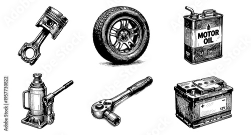 Collection of vintage automotive parts and tools for car maintenance