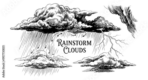 Dramatic hand-drawn illustration of dark storm clouds with lightning and heavy rain