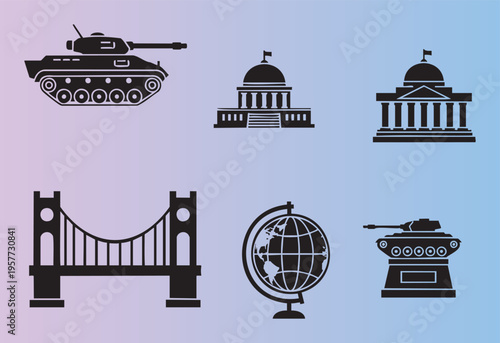 Flat icon set with military tanks buildings and globe elements