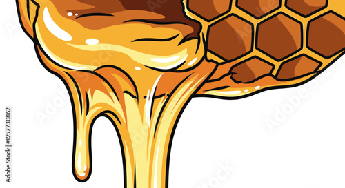 Honey dripping from honeycomb closeup.