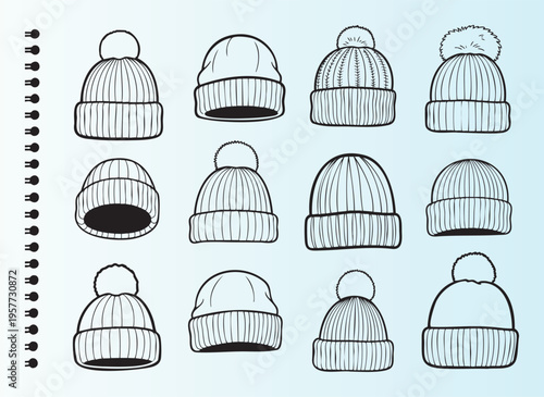 Handdrawn collection of knitted winter hats and beanies illustration