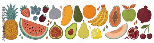 Vibrant collection of fresh organic fruits and berries, including pineapple, watermelon, mango, avocado, and citrus, perfect for healthy eating concepts isolated on white.