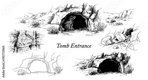 Collection of hand-drawn cave entrances and rocky desert landscapes in black and white