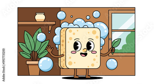 Sponge character with soap bubbles.