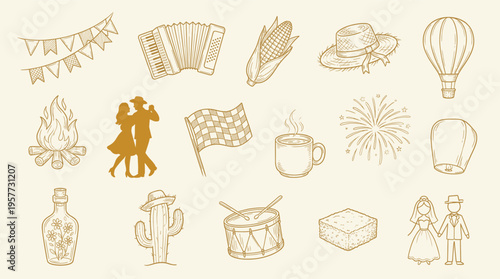 Rustic Traditional Festival Elements Hand-Drawn Collection on Light Background