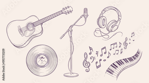 Collage of Music Instrument Sketches for Design Background or Artistic Concept