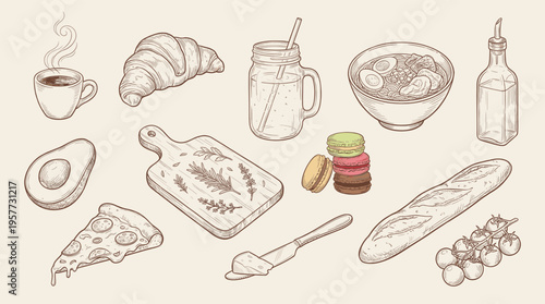 Assortment of rustic hand drawn food and kitchen items illustration set