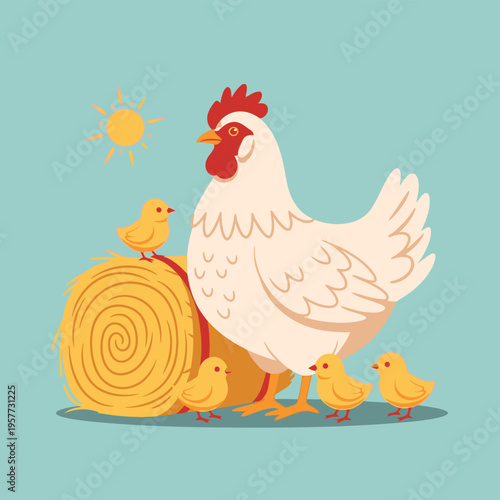 Hen with chicks near hay.
