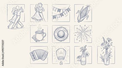 Celebration themed sketched icons: corn fireworks florals and other festive elements