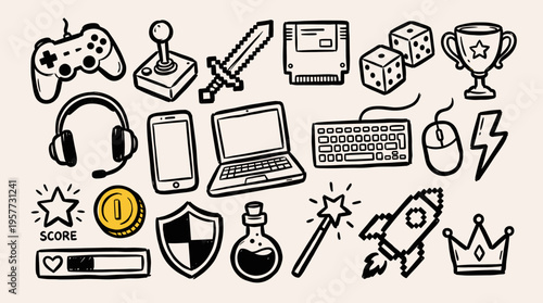 Illustration with various items for video game player and gamer equipment set