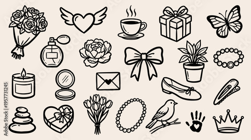 Collection of Hand-Drawn Women's Accessories and Everyday Life Doodle Icons